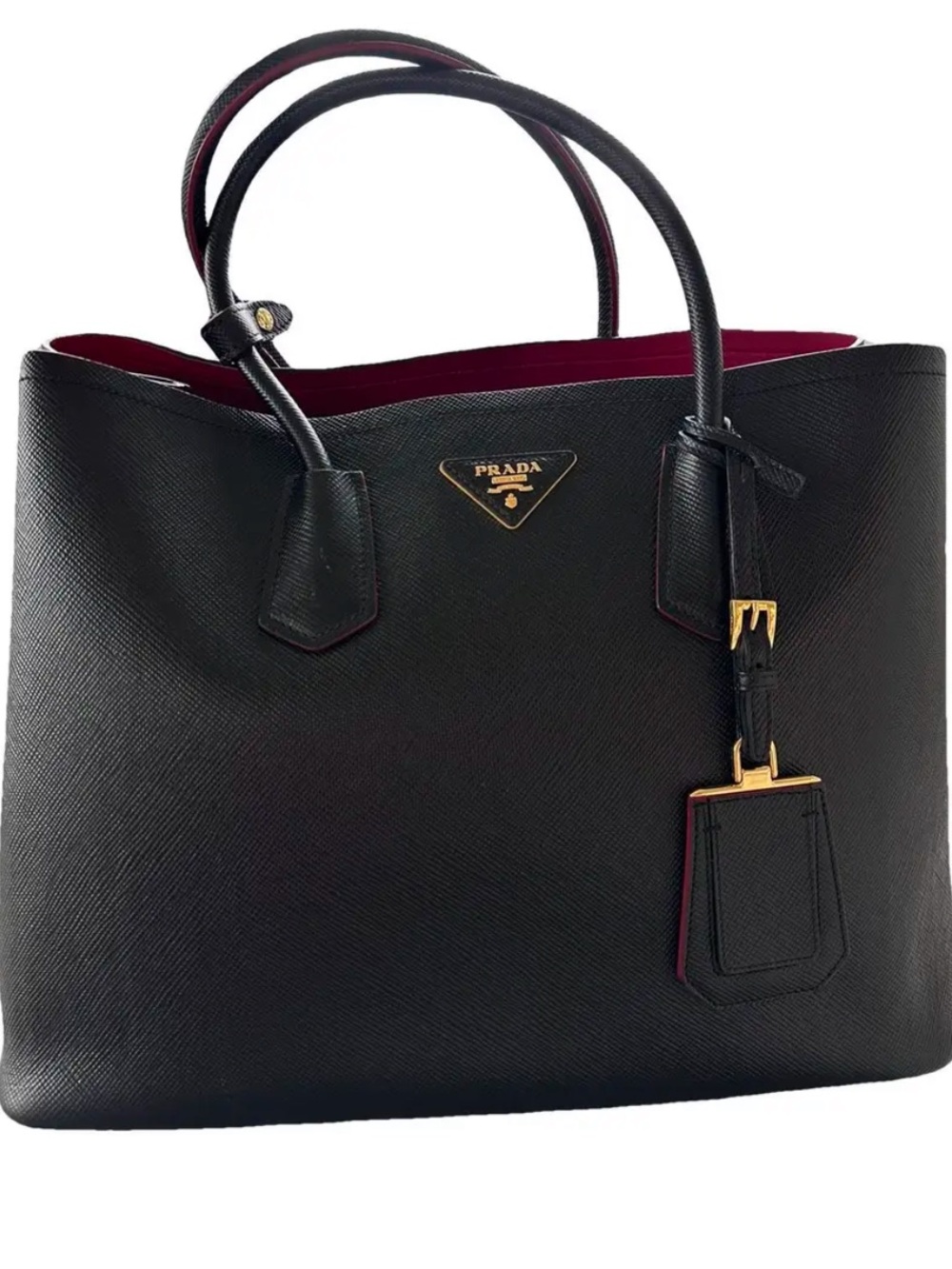 Prada Black Saffiano Tote with Red Interior and Gold Hardware